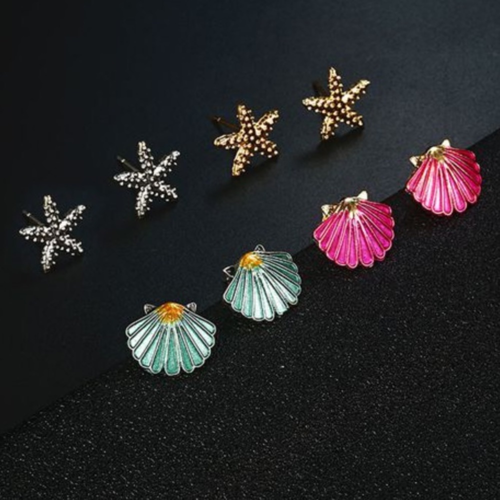 🌊🐚OCEAN THEME STARFISH + SEASHELL EARRING SET(4)